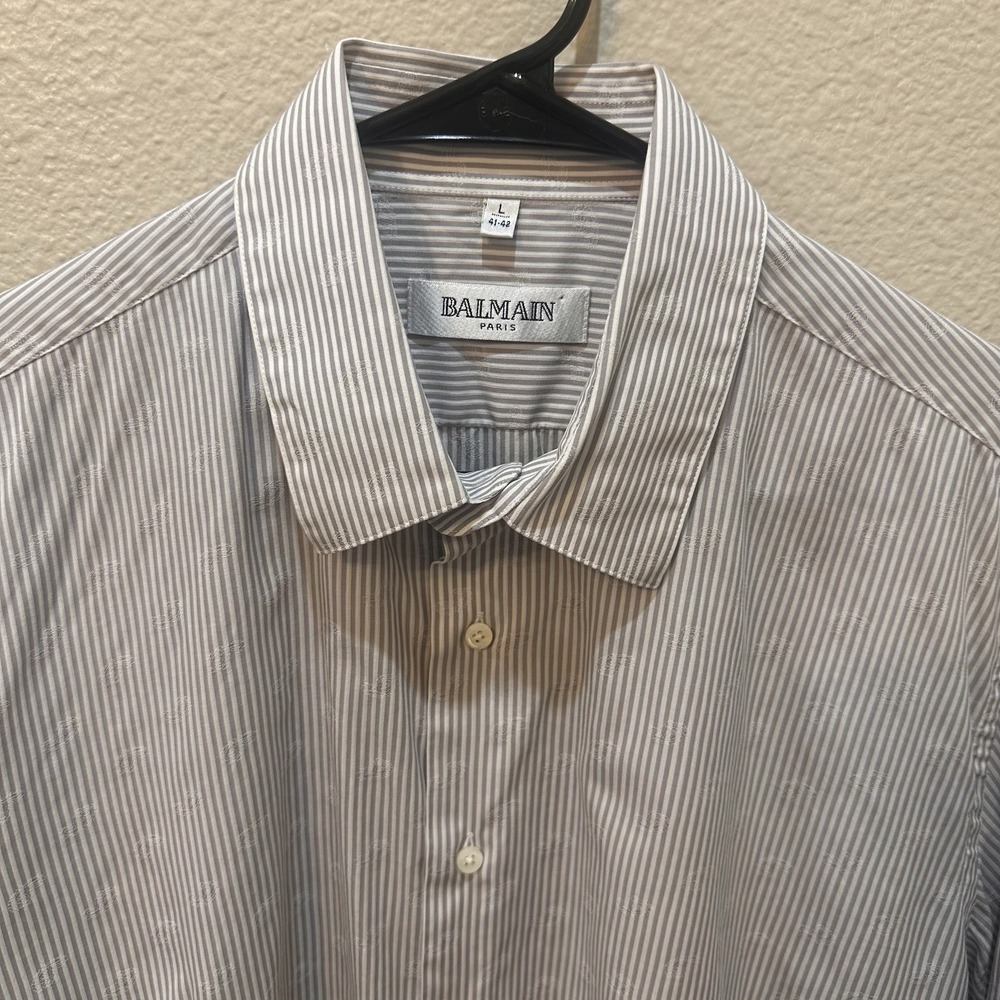 Balmain Paris Mens Gray White‎ Striped Paisley Button Up Dress Shirt L 41-42